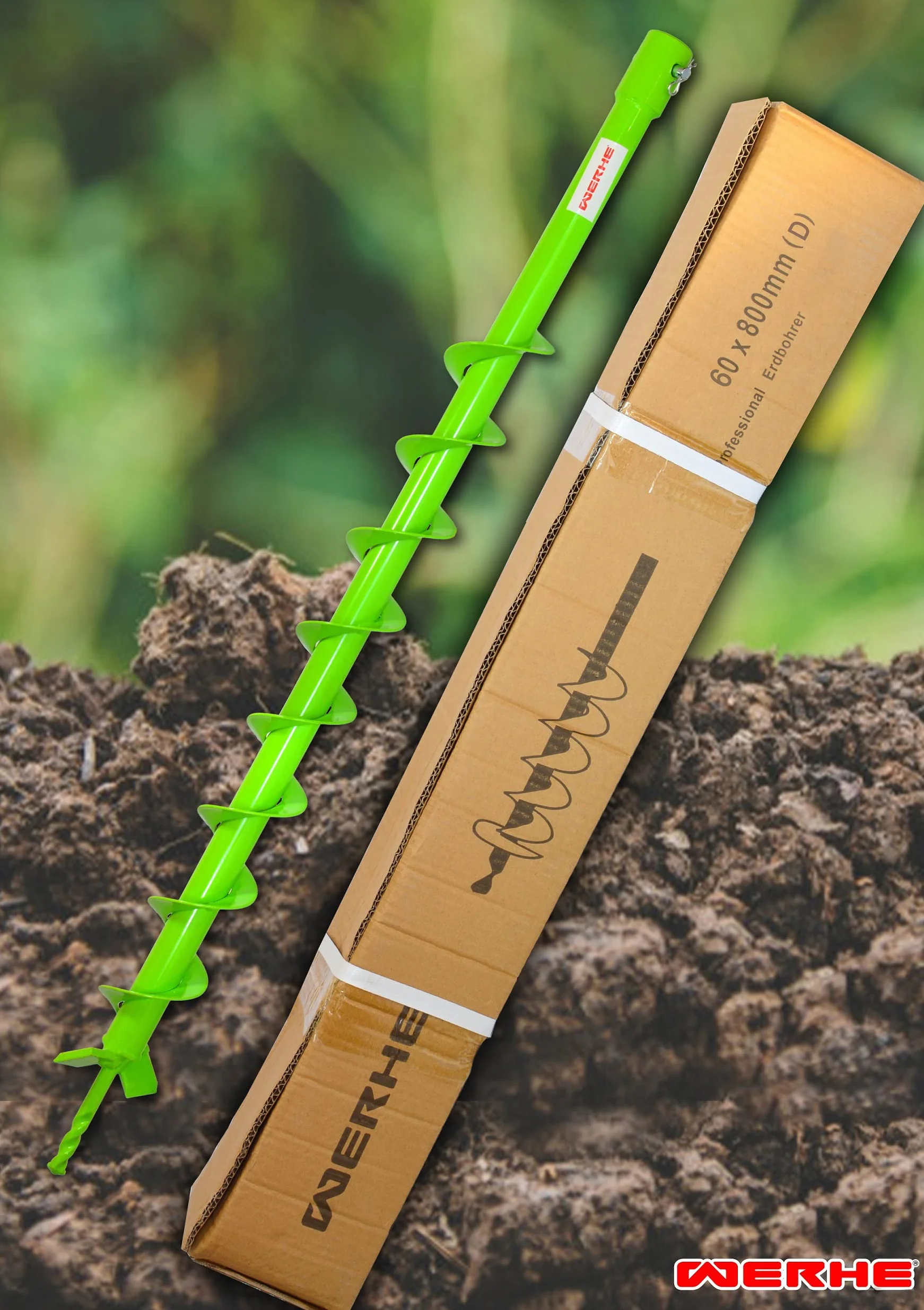 Juego de barrena de tierra WERHE Ø60mm, 80cm de largo con adaptador SDS Plus – Utilizable con un taladro SDS Plus normal, ideal para vallados y jardín