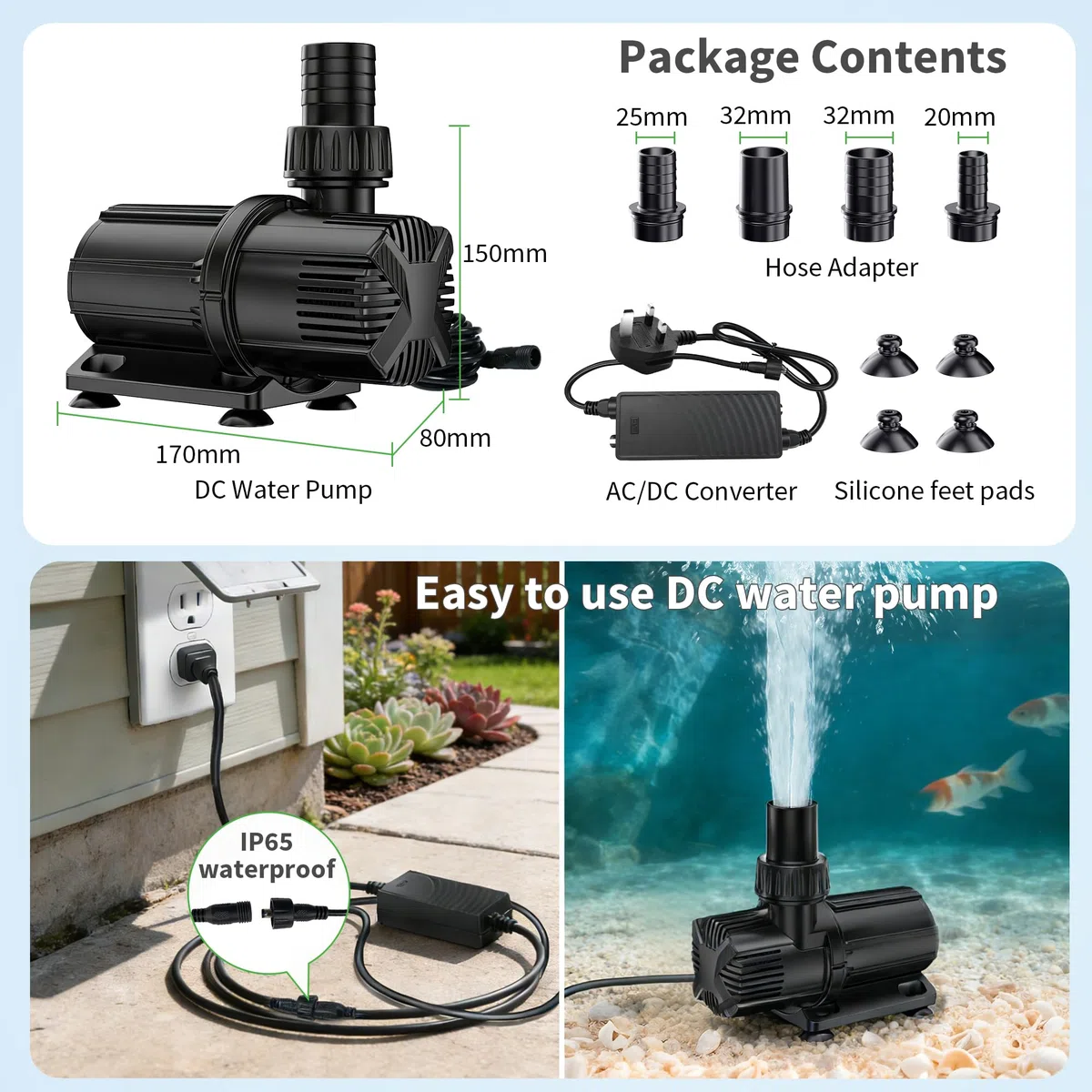 POPOSOAP Bomba de estanque de 6000 L/h CC, bomba de fuente silenciosa segura de 24 V de bajo voltaje con convertidor CA/CC, 4 adaptadores de manguera para estanques de jardín, acuarios, fuentes