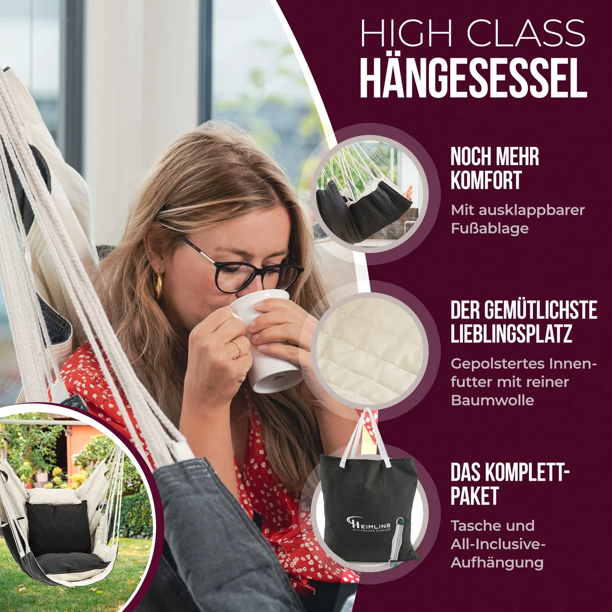 HEIMLING Silla colgante de alta clase para exteriores e interiores XXL [todo incluido paquete con suspensión + 3 cojines] Silla colgante para niños y adultos hasta 150 kg, balcón, terraza