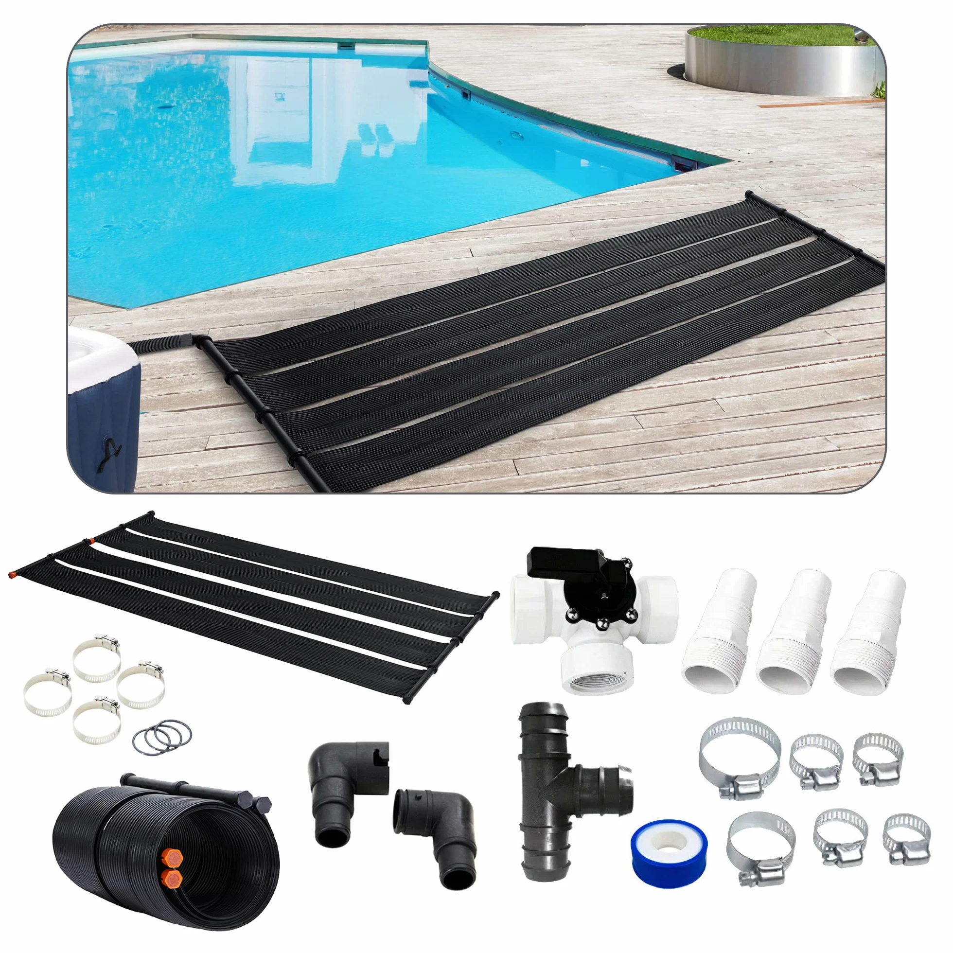 Arebos 2X Calentador de Agua Solar | colector Solar | Calentador de Piscina | Colchoneta Solar | Absorbedor Solar | 300 x 132 cm | Plástico Resistente a los Rayos UV | Incl. Conjunto de derivación