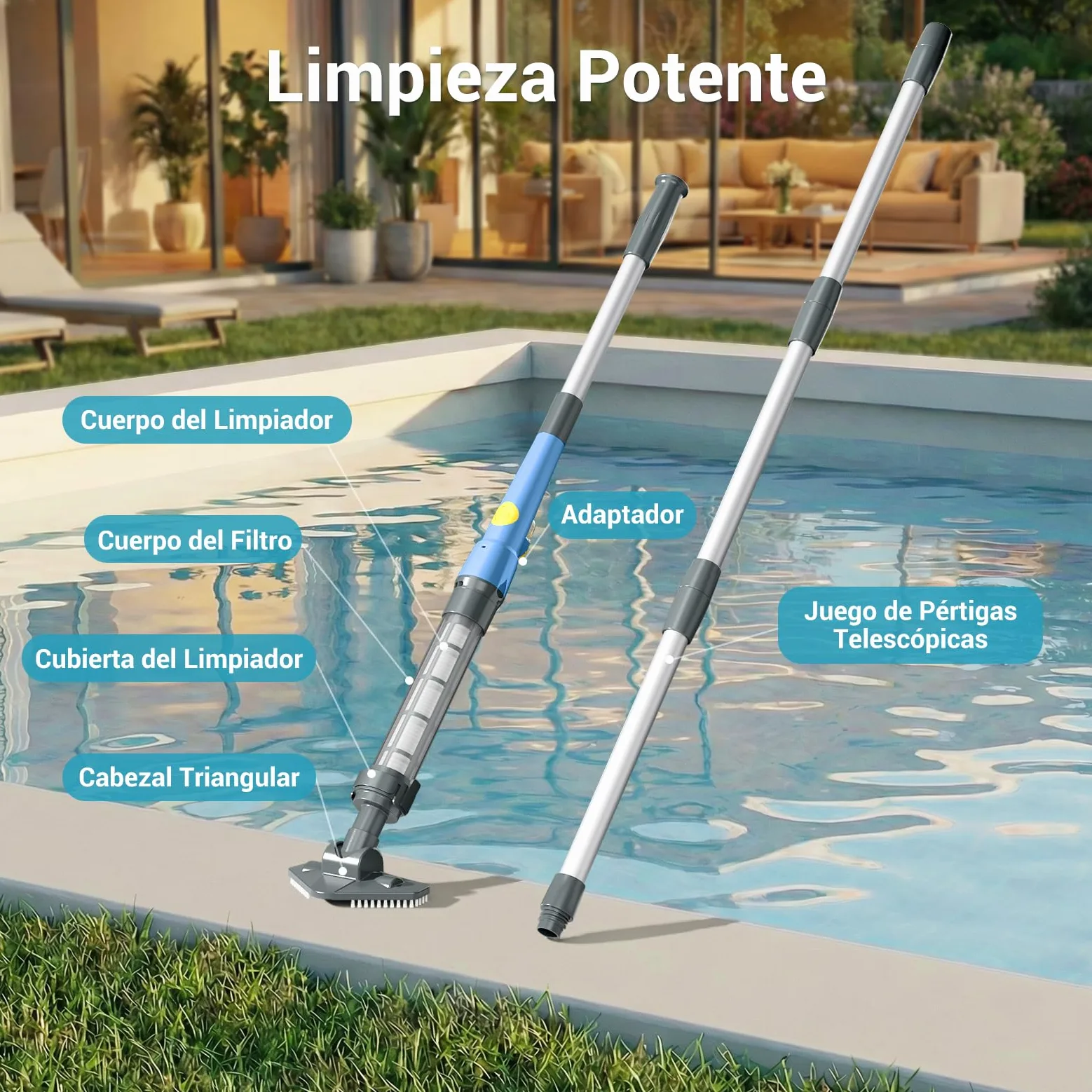 Aspirador de Piscina Inalámbrico 2 en 1, Limpiafondos Piscina Recargable con 60 Min de Autonomía, Succión de 32 L/min, Ideal para Piscinas Desmontables, Piscinas Elevadas, SPA e Hidromasaje