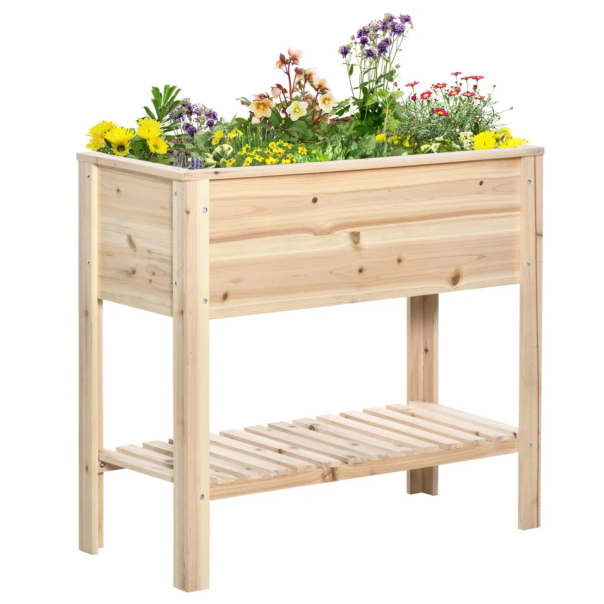 Outsunny Huerto Urbano Elevado con Estante Mesa Jardinera de Cultivo de Madera con Tela no Tejida para Cultivos Plantas Flores Jardín 90x40x81 cm Natural