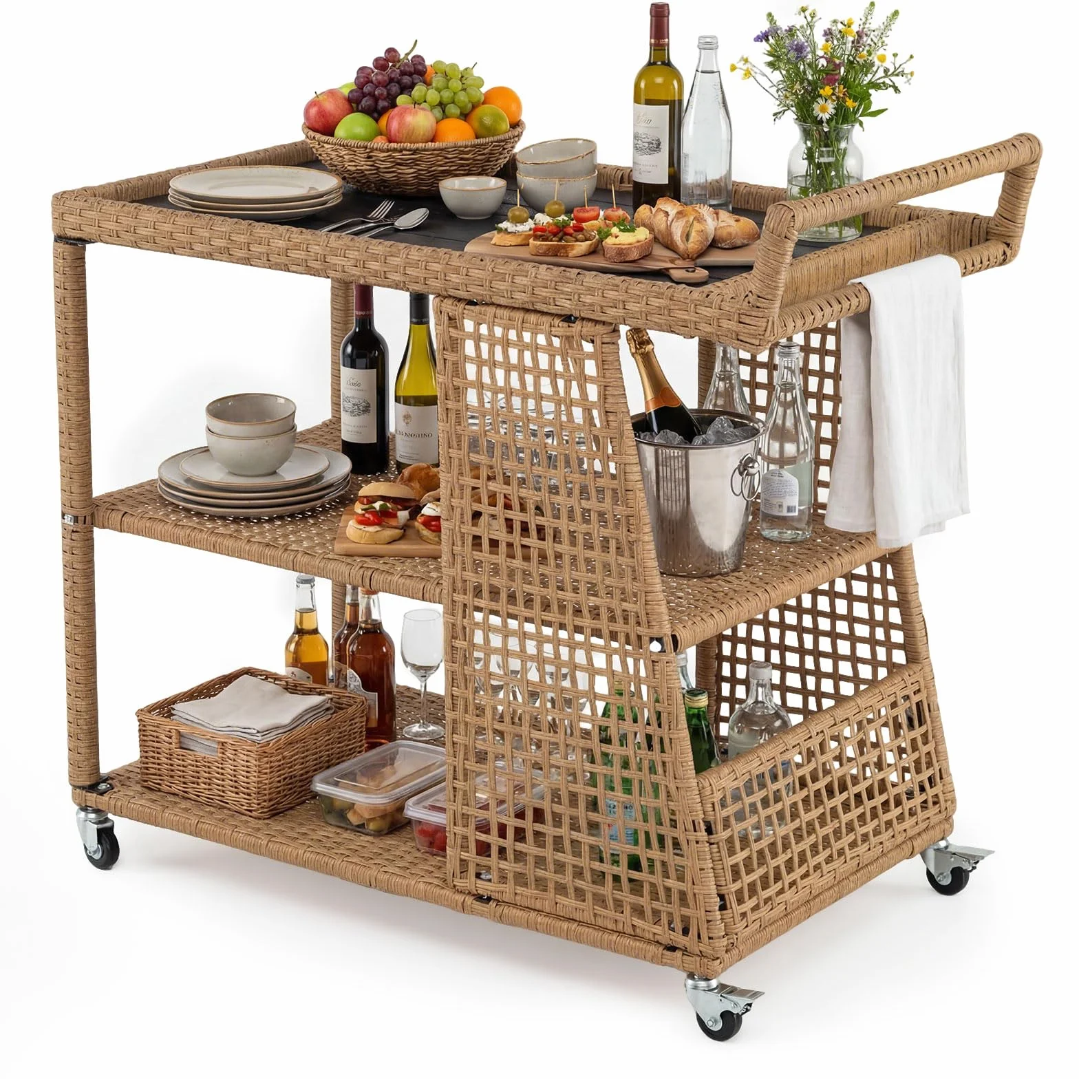 COSTWAY Carrito de Servicio de 3 Niveles, Carrito de Cocina de Ratán PE con Ruedas Universales Bloqueables, Estantes Abiertos y Asa Lateral, Mesa Auxiliar Móvil de Exterior para Jardín Patio Terraza