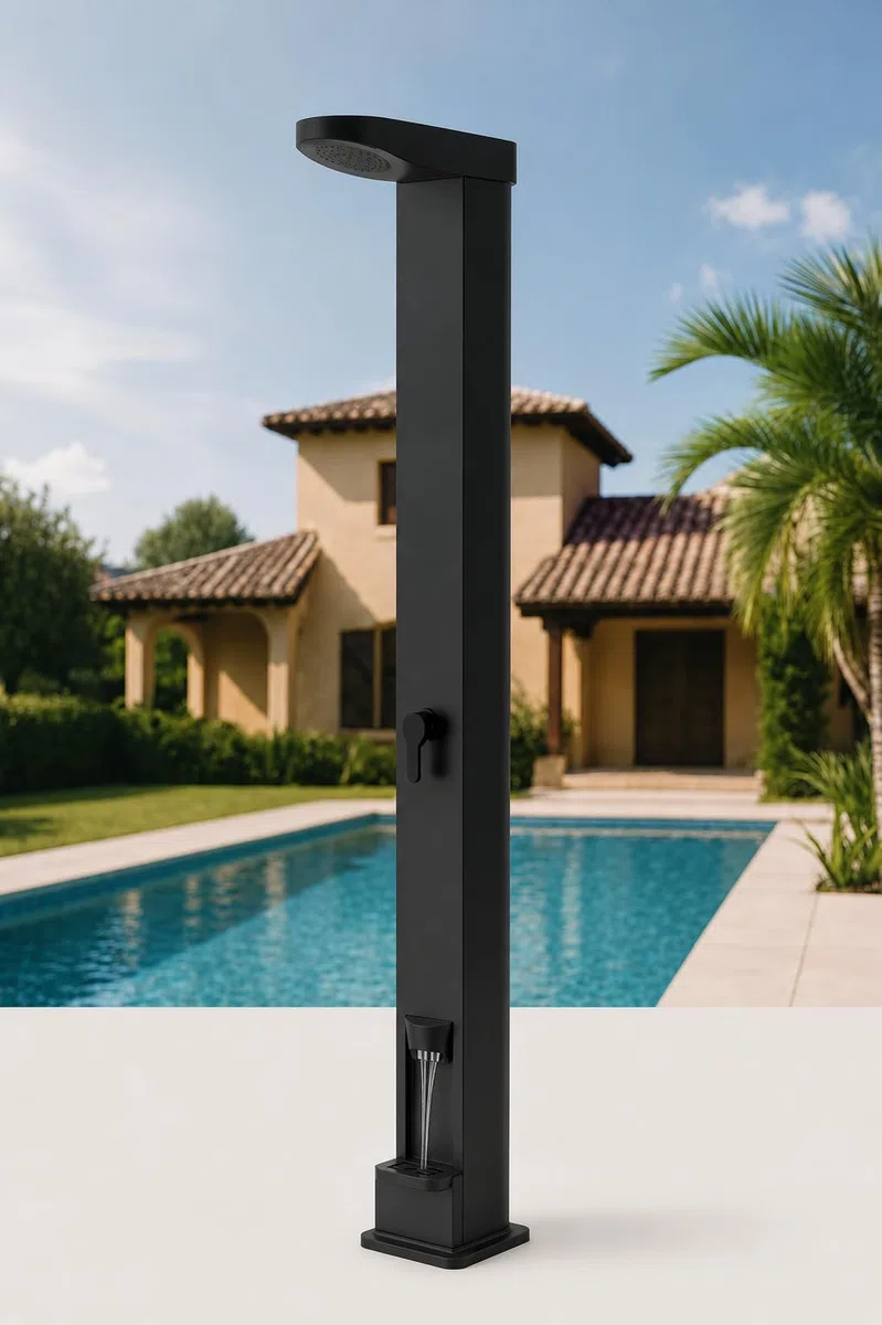 QP Fénix Ducha Solar 35L con Lavapiés Negra | Ducha Exterior para Piscina y Jardín | Depósito de Aluminio | 207 cm | con lavapiés