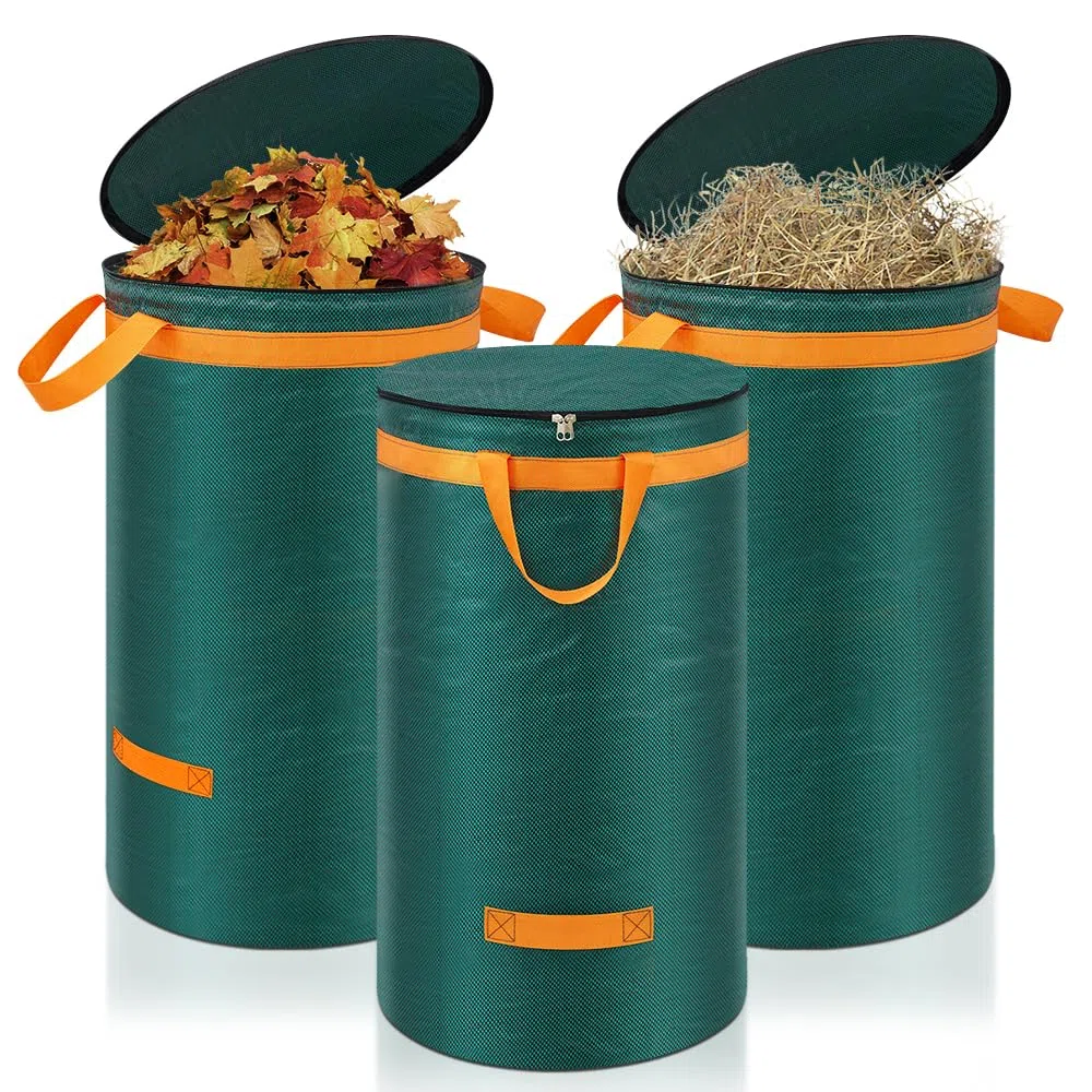 Eurhomewit Bolsas de basura de jardín, 3 x 120L Bolsas de basura para jardín con Asas y Tapa, Sacos de Jardin Reutilizables y Estables