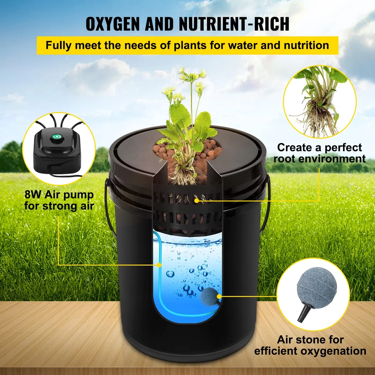 VEVOR DWC Sistema de Cultivo Hidropónico Kit de Cultivo de Agua Profunda de 20 L 4 Cubos con Bomba de Aire Piedras de Aire Dispositivo de Nivel de Agua Sistema Hidropónico DWC para Vegetales de Hoja