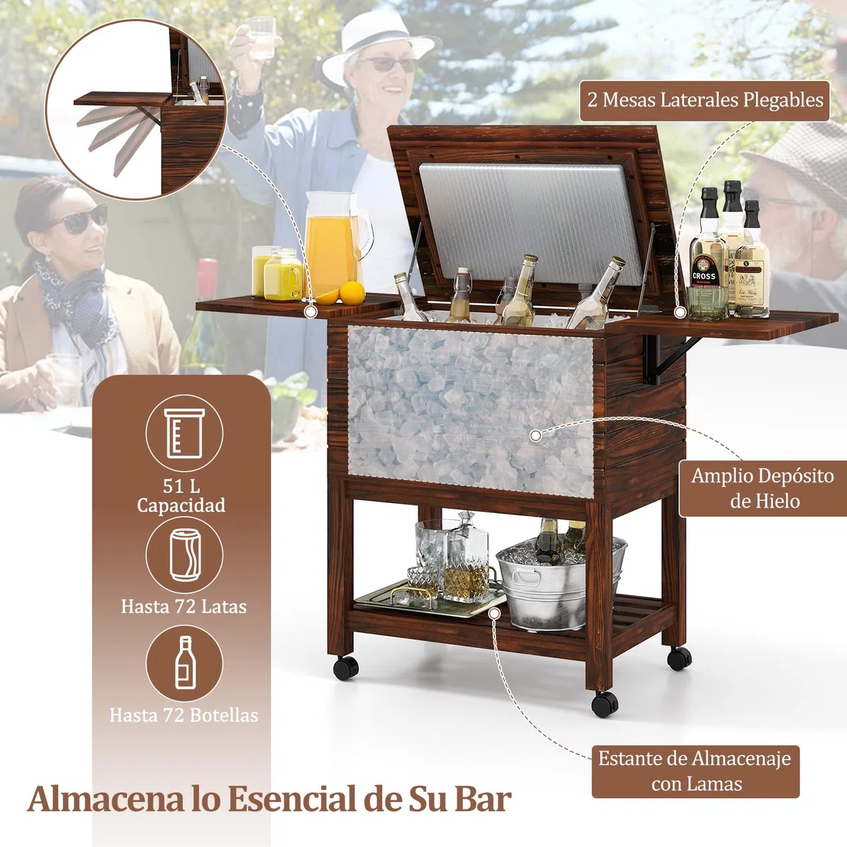 GYMAX Carrito Nevera Rodante de Madera, Enfriador Portátil 51L con 2 Mesas Plegables, Abrebotellas Integrado, Ruedas Bloqueables, para Patio, Piscina, Jardín, Barbacoa, Fiestas, Exterior, Camping