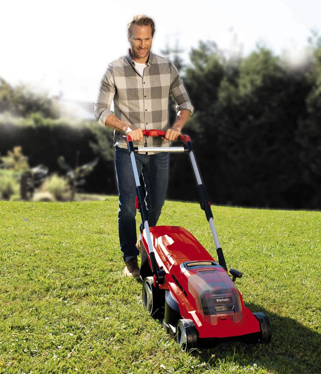 Einhell Cortacésped a batería - GE-CM 36/37 Li-Solo Power X-Change. iones de litio, ajuste de altura de corte central de 6 niveles 25-75 mm, cesta de recogida de hierba de 45 l. Sin batería y cargador