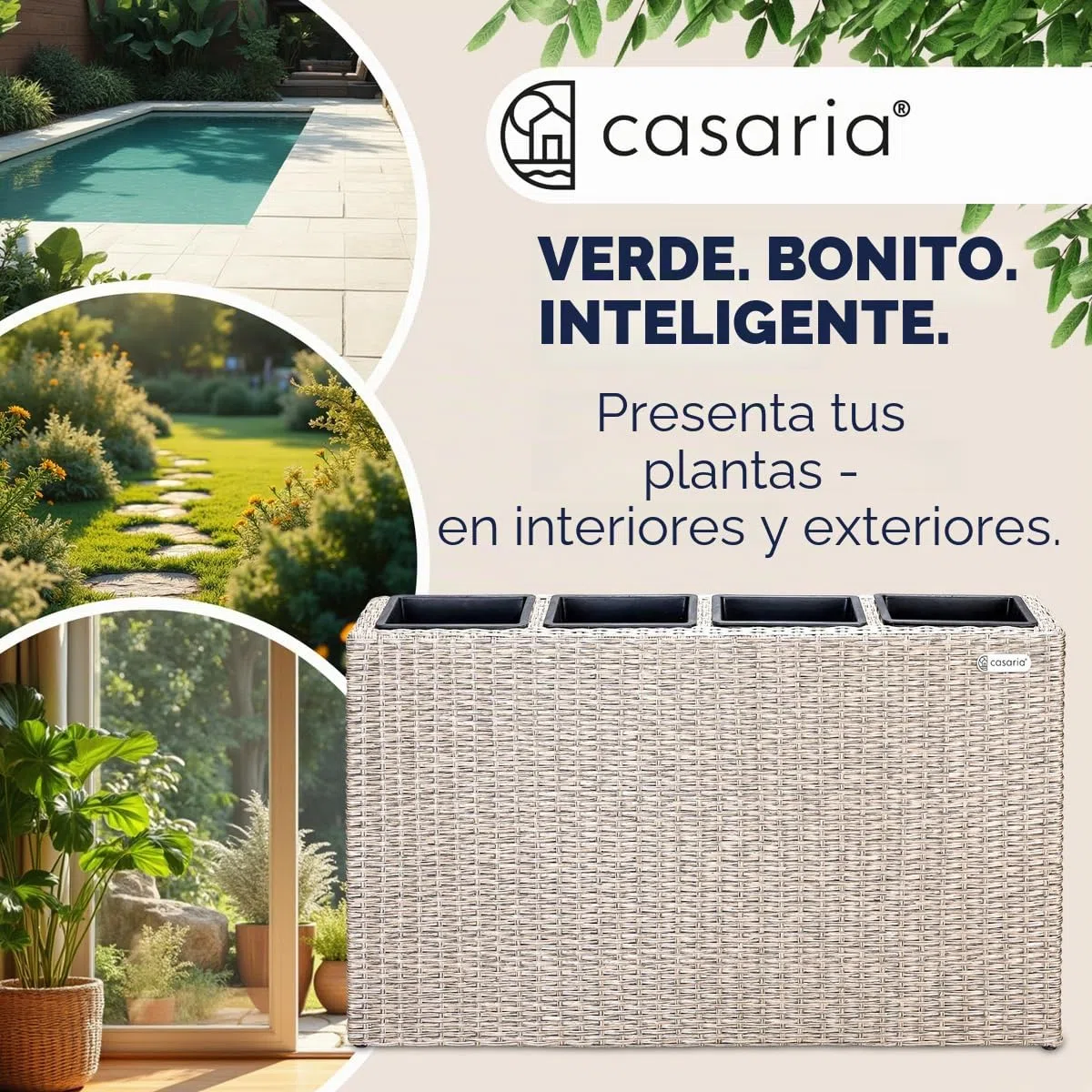 CASARIA Macetero de Poliratán para Exterior jardín 4 Macetas Drenaje de Agua 95 x 27 x 60 cm Jardinera Crema
