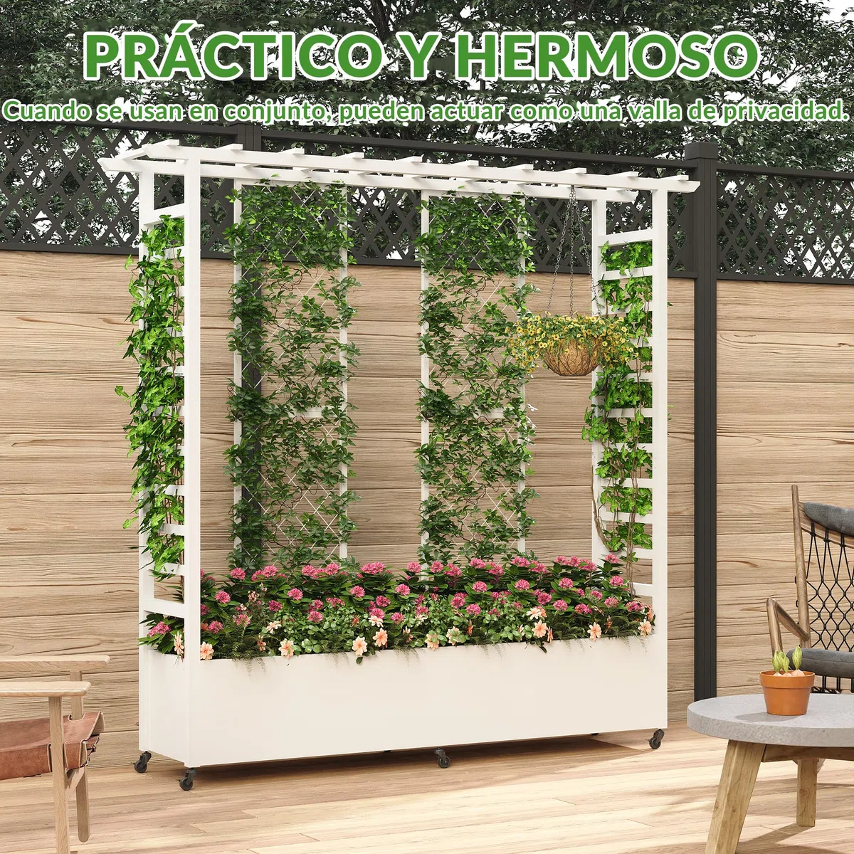 Jardinera elevada con enrejado y techo colgante, jardinera metálica resistente a la intemperie con 4 ruedas y 2 enrejados laterales para plantas trepadoras, mampara divisoria móvil para exteriores.