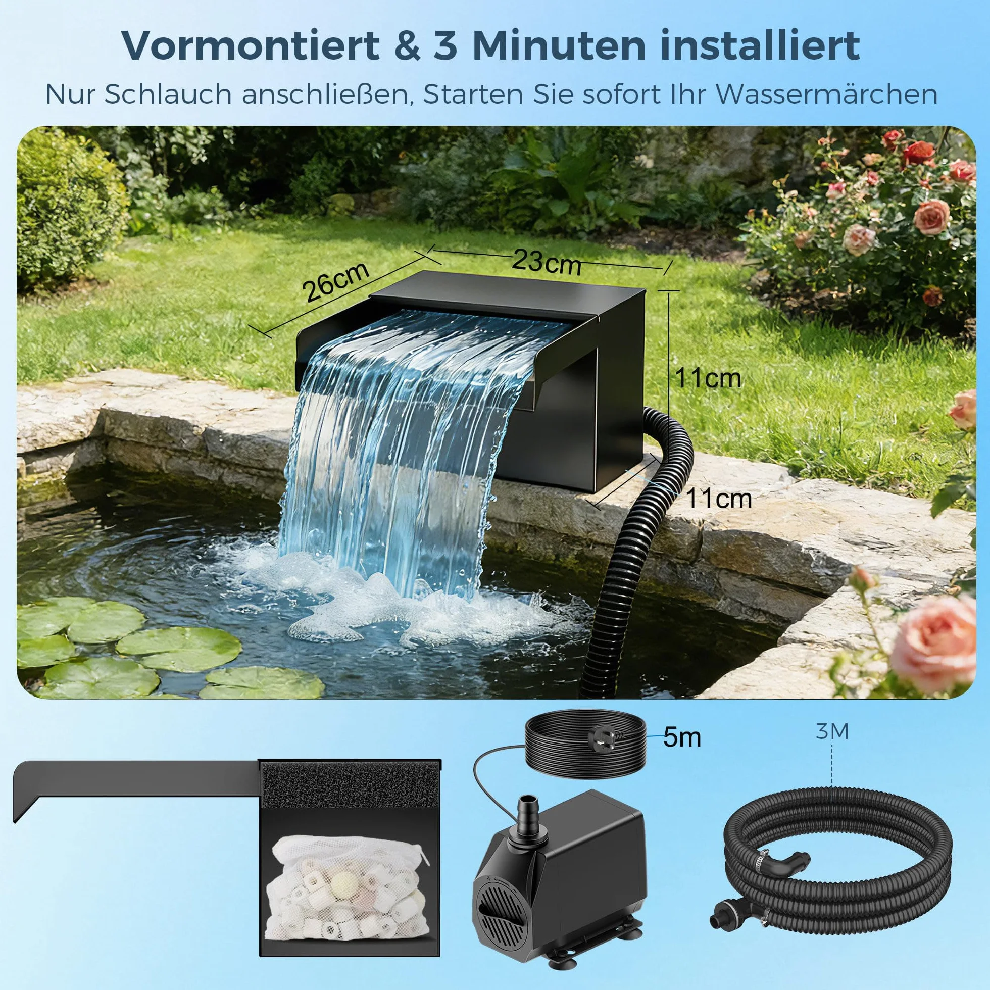Biling Cascade para estanque de jardín con filtro, 20 cm, acero inoxidable, 40 W, 2500 l/h, bomba de estanque, decoración de jardín, cuenca de agua, patio, terraza, pared de agua, cuenca de carpas kui