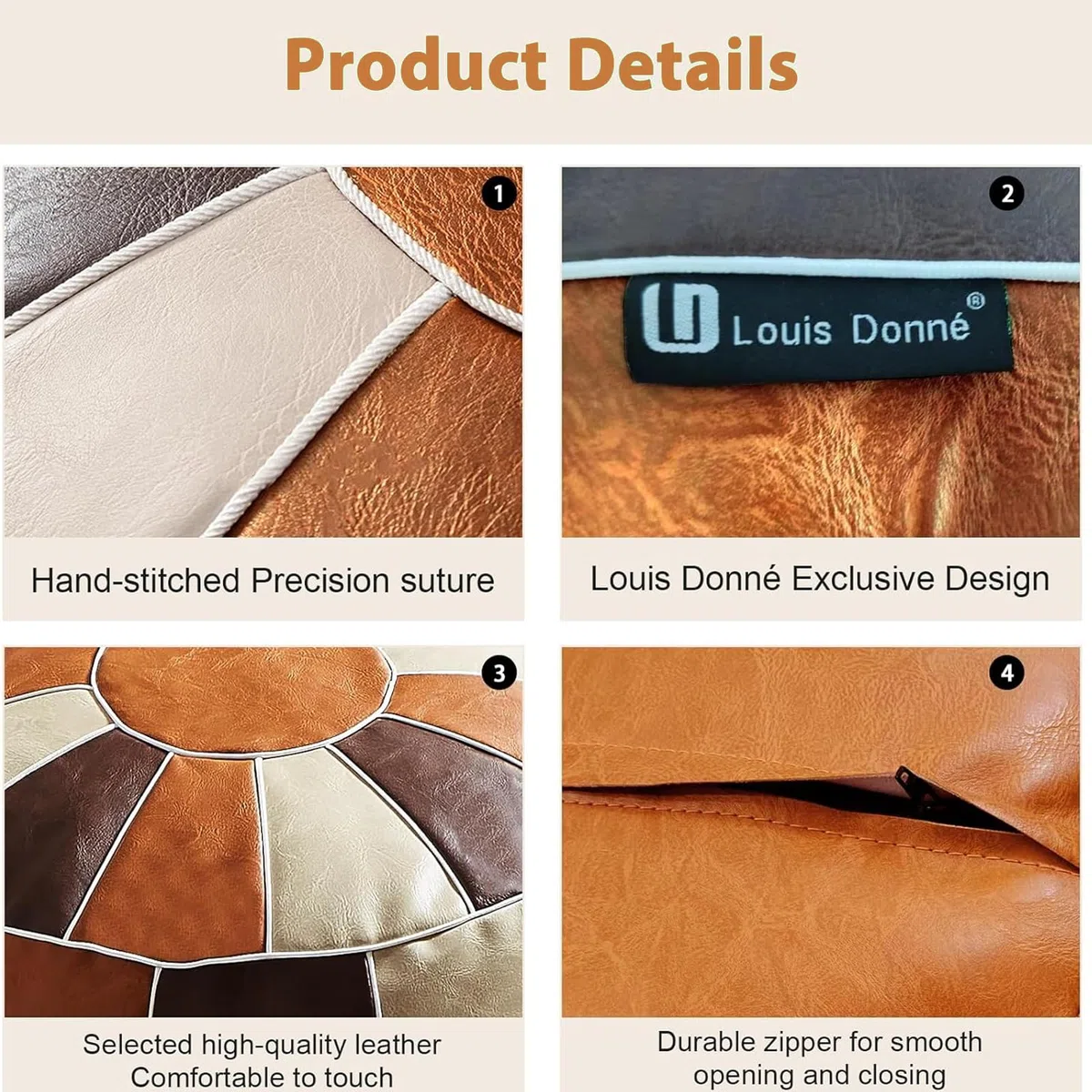 Louis Donné Funda otomana sin relleno, taburete de piel sintética para reposapiés, otomano estilo marroquí, 21 pulgadas, redondo, hecho a mano, para almacenamiento, reposapiés para sala de estar