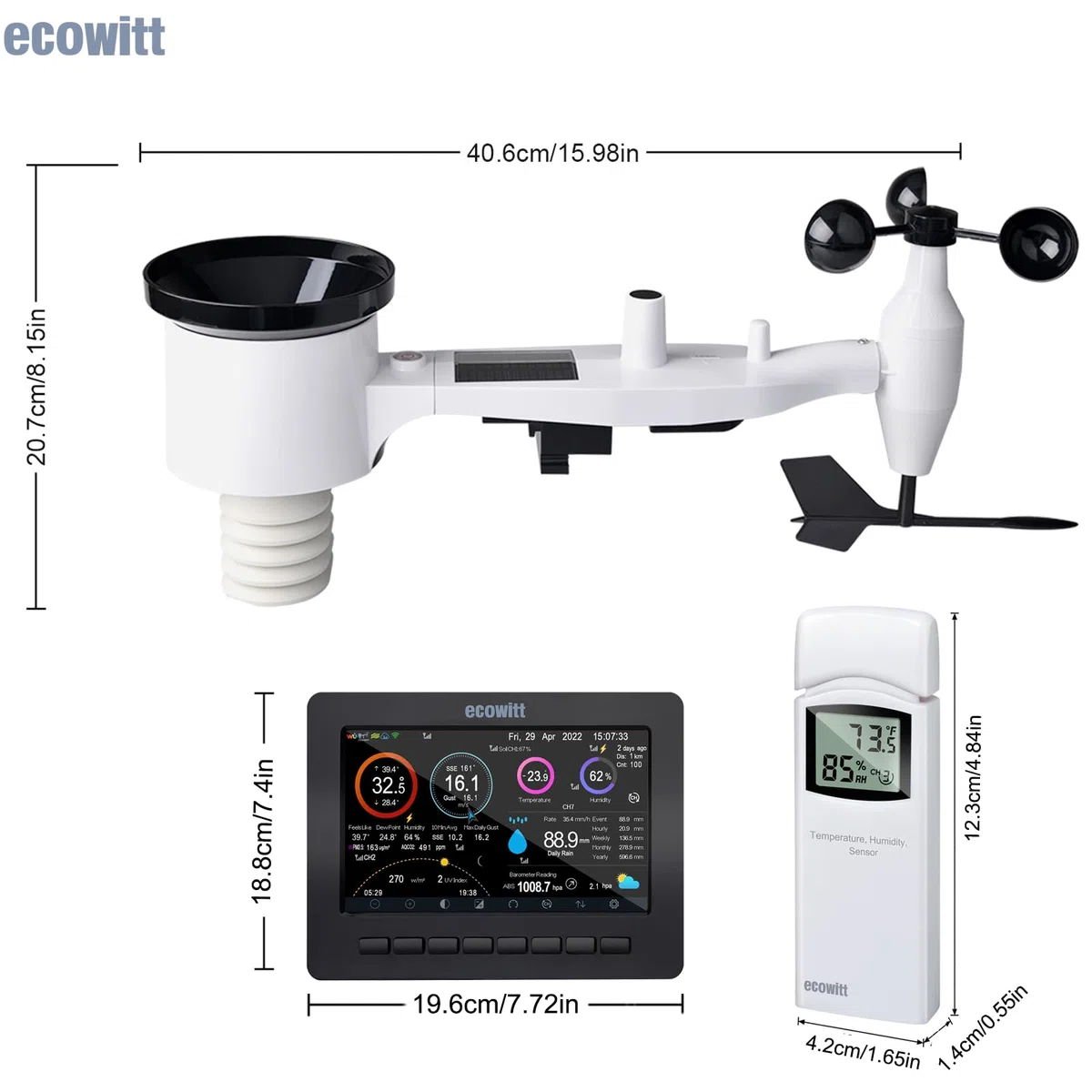Ecowitt Estación meteorológica inalámbrica Wi-Fi - Pronóstico meteorológico digital con pantalla TFT de 7 pulgadas, indicador de lluvia, anemómetro, pasarela para ecosistema Ecowitt, HP2551