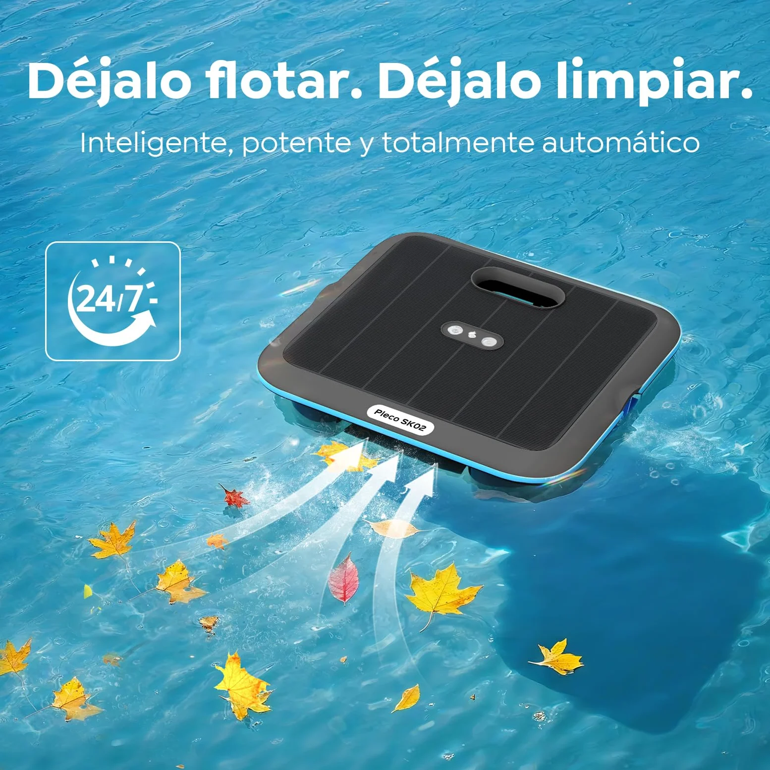 SK02 Robot Limpiafondos Piscina, Skimmer de Piscina Solar con Control App,Carga Dual, Sensor de Temperatura, Limpiador de Piscina Skimmer Automático 24/7