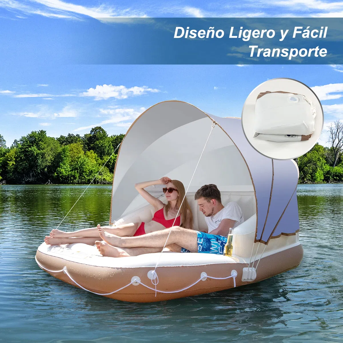 COSTWAY Isla Hinchable con Toldo para 2 Adultos, Toldo Retráctil y Removible, 2 Portavasos, Flotador de Piscina Interior y Exterior con Protección UPF50+, Soporta hasta 200 kg