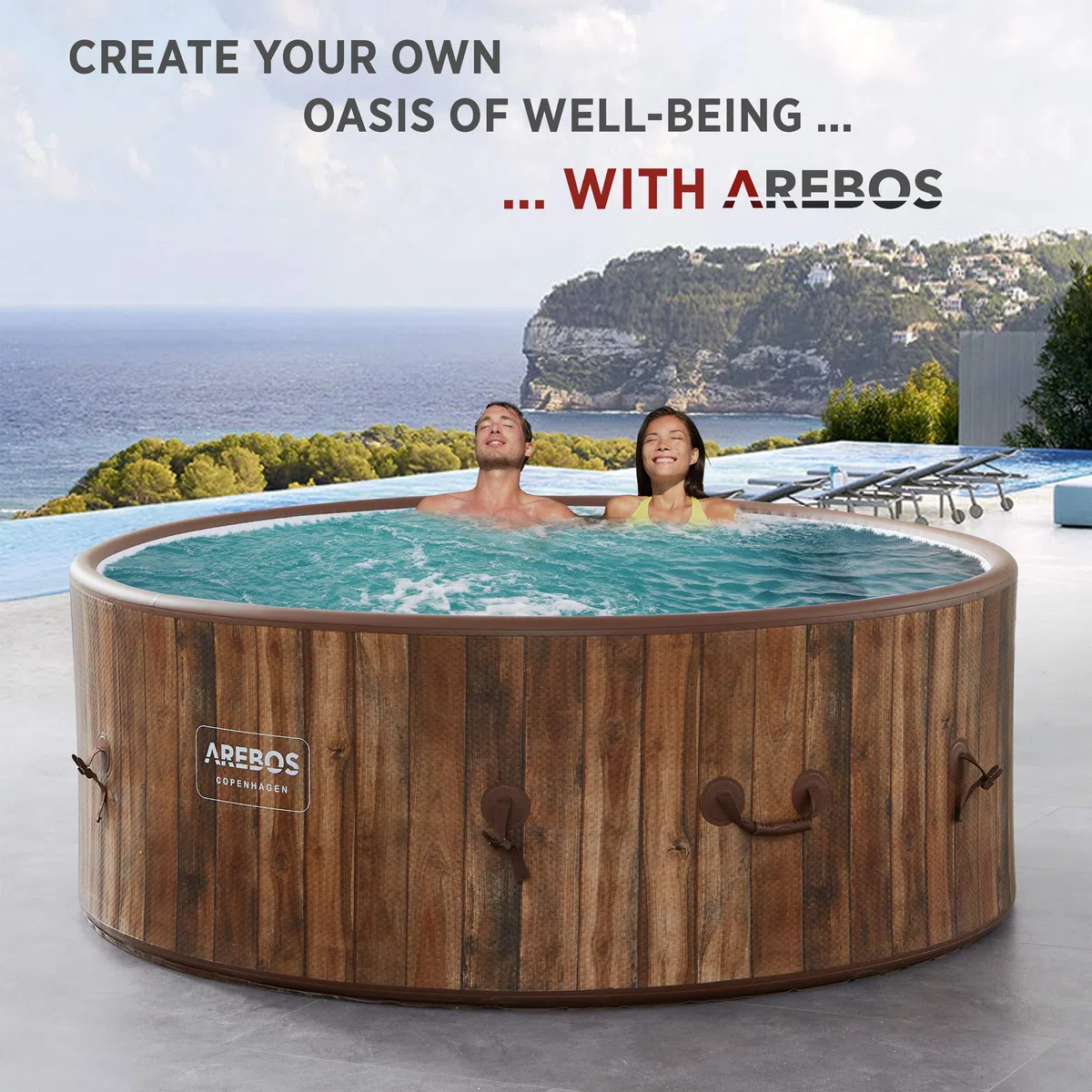 Arebos SPA Hinchable Whirlpool | para Interior y Exterior | ⌀ 180 cm | 7 Personas | Drop-Stitch | 130 boquillas de Masaje | con calefacción | 1120 litros | Incluye Cubierta | Bubble SPA y Wellness