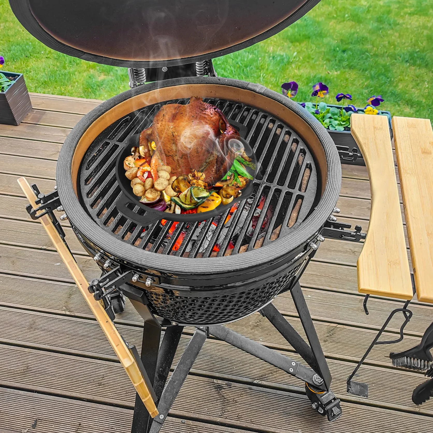 Onlyfire Soporte para asador de pollo de hierro fundido, asador de aves de corral para barbacoa con pico de vertido y asa, accesorio de barbacoa para parrilla y horno