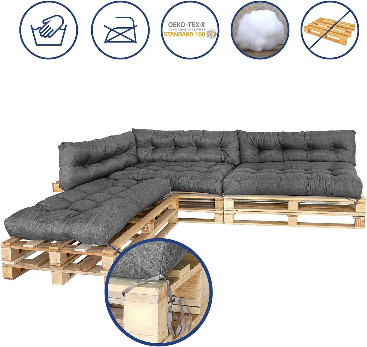 MKS Cojín para palés de exterior con correas tensoras a juego con la paleta, para balcón, sofá, resistente al agua, para exteriores, para bancos de exterior (juego de 6 unidades (3 x 120 x 80 cm + 3 x