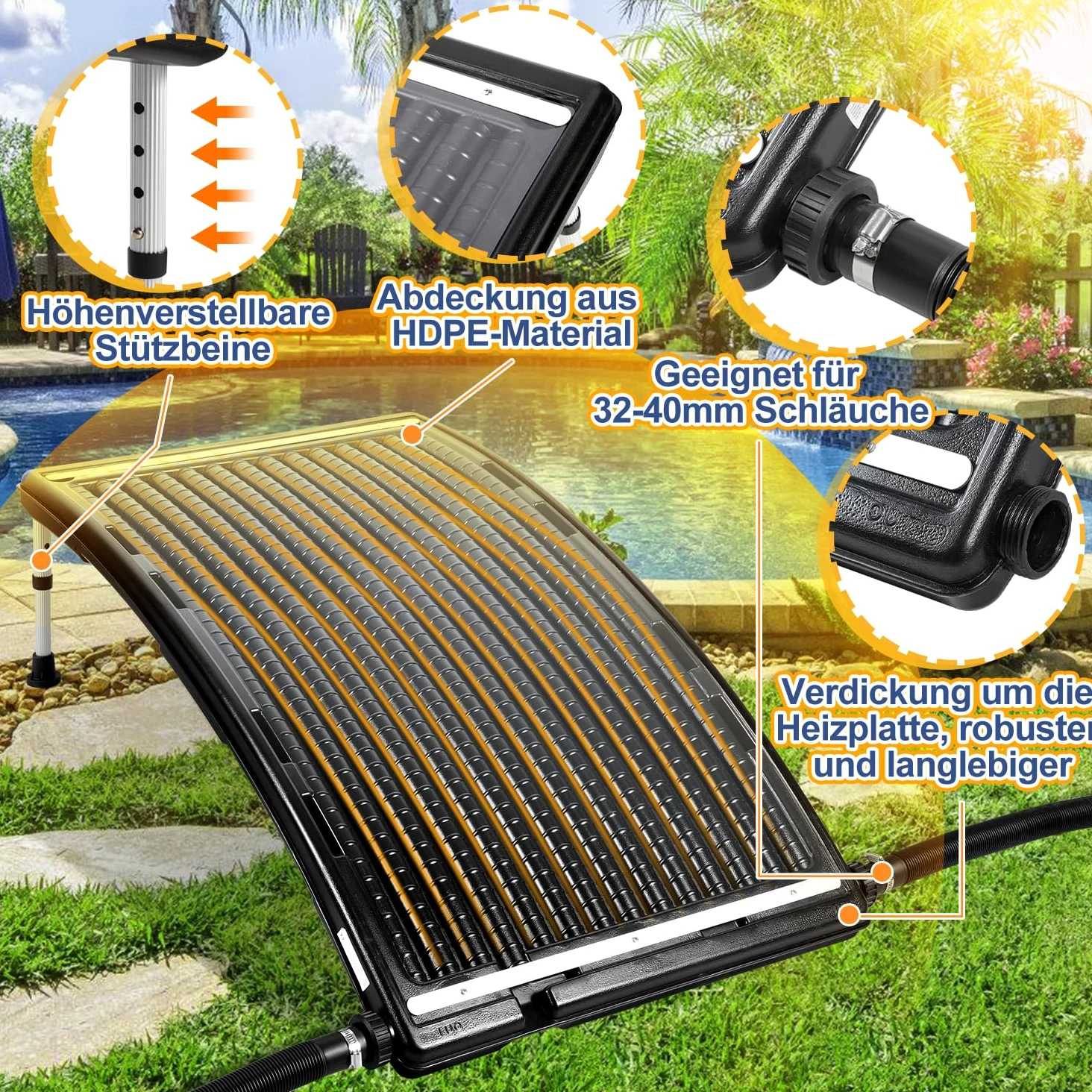 Herrselsam Panel solar para calefacción de piscina, 3 juegos, 110 x 69 x 14 cm, calefacción solar, flujo máximo 10000 L/h, calentadores de piscina, sistema solar para agua caliente, ducha de jardín