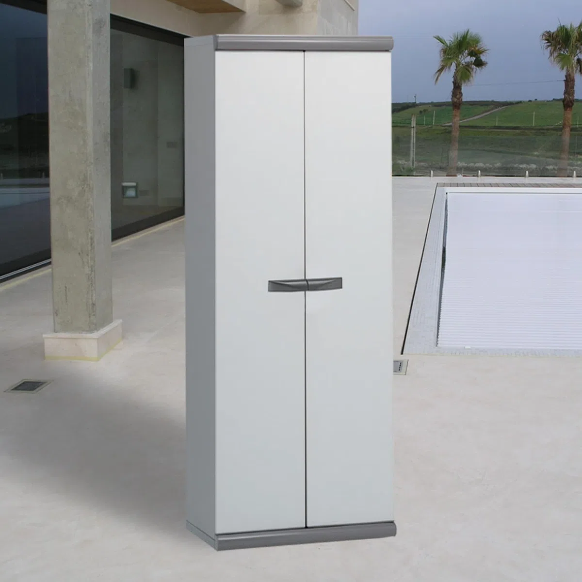 Gardiun Armario Alto de Jardín Resina Coimbra 2 62,5x39x169 cm con 2 Puertas y 3 Baldas de Altura Regulable, Color Gris