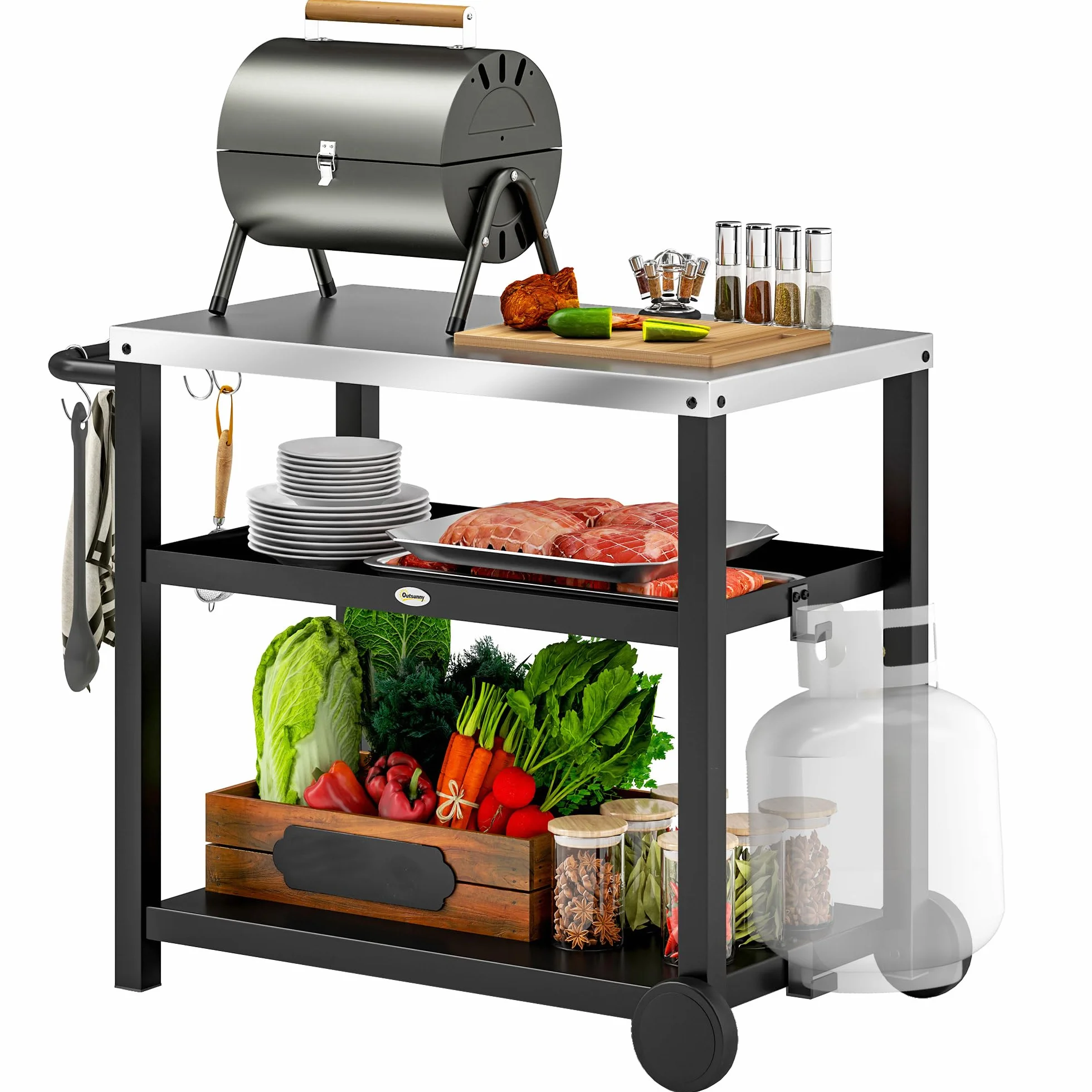 Outsunny Carrito de Parrilla de 3 Niveles Carrito de Barbacoa Carro de Servicio con 2 Ruedas Estantes Encimera de Acero Inoxidable y Asa Mesa de Horno de Pizza para Jardín Patio Gris Carbón