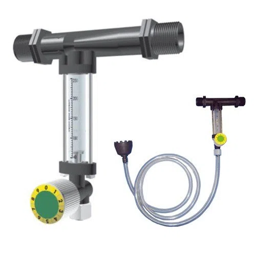Inyector Venturi de fertilizante con llave dosificadora de precisión 25Ø 5mm. Caudal máximo riego 1630 l/h. Caudal máximo fertilizante 110 litros a 3 bar. Rosca macho 3/4". Fabricado en España.