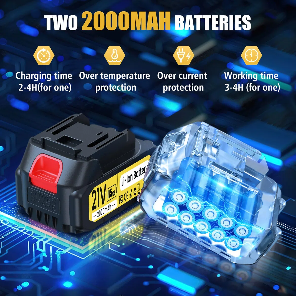 Tijeras De Podar Electricas, 50mm Tijeras De Podar Bateria, Con varilla de extensión, pantalla, motor sin escobillas de 1000 W, 2 baterías de 2000 mAh, Duración de la batería de 4 a 8 horas
