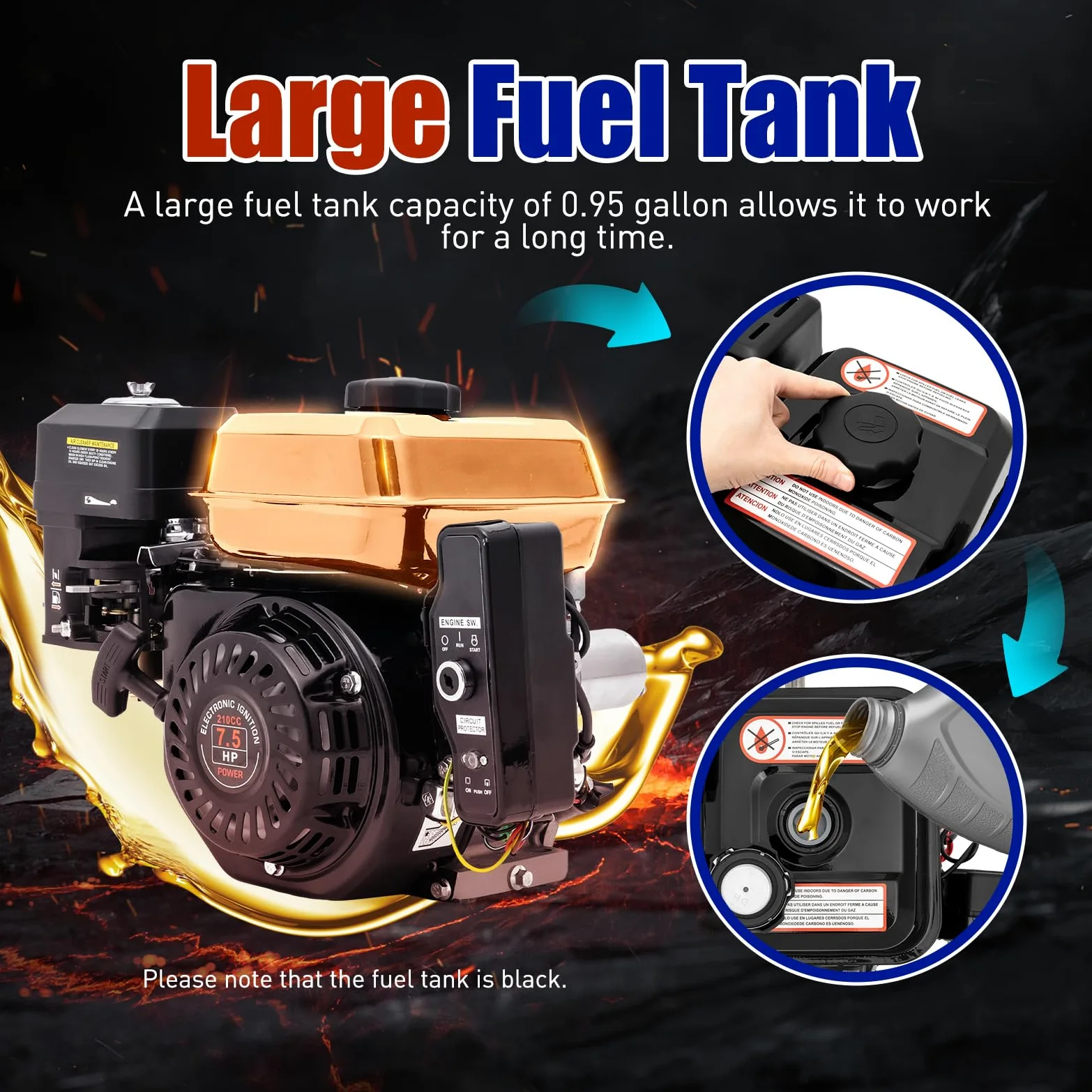 DIFU Motor de gasolina de 7,5 CV con arranque eléctrico | Motor de 4 tiempos Go Kart de 210 cc | Bajo consumo de combustible | Motor de pie con motor de karts de eje 20 mm con función de alarma de