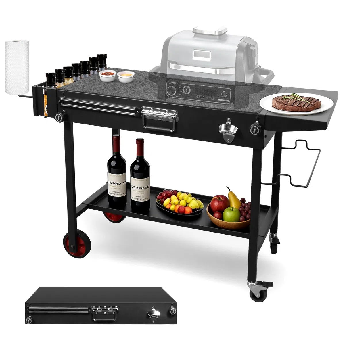 Mesa de Barbacoa con Ruedas – Carro de Barbacoa Exterior Plegable con Gran Superficie de Trabajo, Estantes de Almacenaje y Soporte para Utensilios