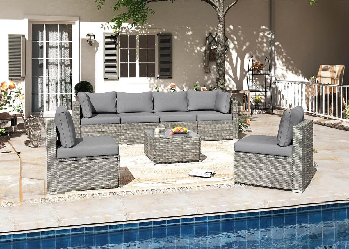 S & S Saldos y Stocks Conjunto de Sofas de Exterior en Ratan PE, 7 Piezas. Muebles de Jardin y Terraza, Gris