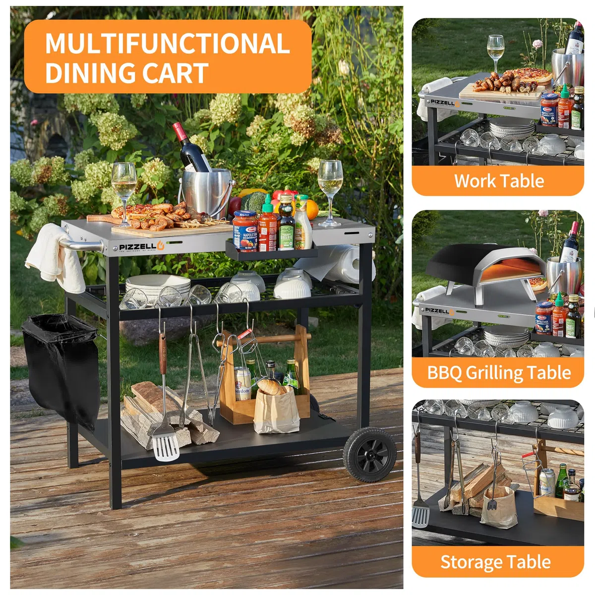 PIZZELLO Carrito de comedor con parrilla al aire libre de tres estantes, carrito de barbacoa móvil, mesa de trabajo multifuncional de acero inoxidable para preparación de alimentos con dos ruedas,