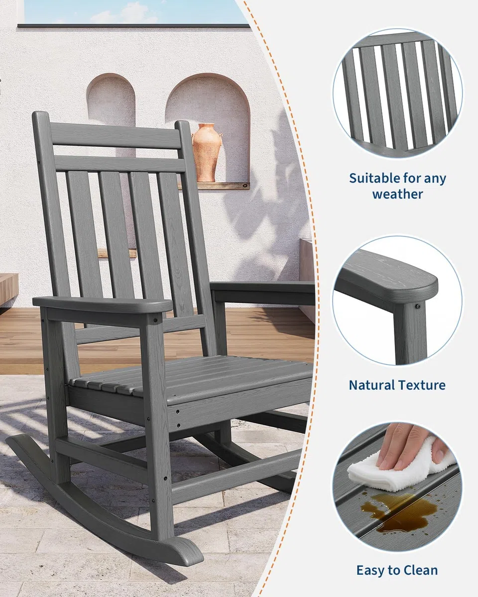 Garvee Mecedora de Jardín de HDPE Silla Balancín Exterior con Respaldo Cuadrado 4 Listones Textura de Madera para Terraza Porche Patio Sillón Relax Ergonómico Resistente 74x85x113 cm Gris