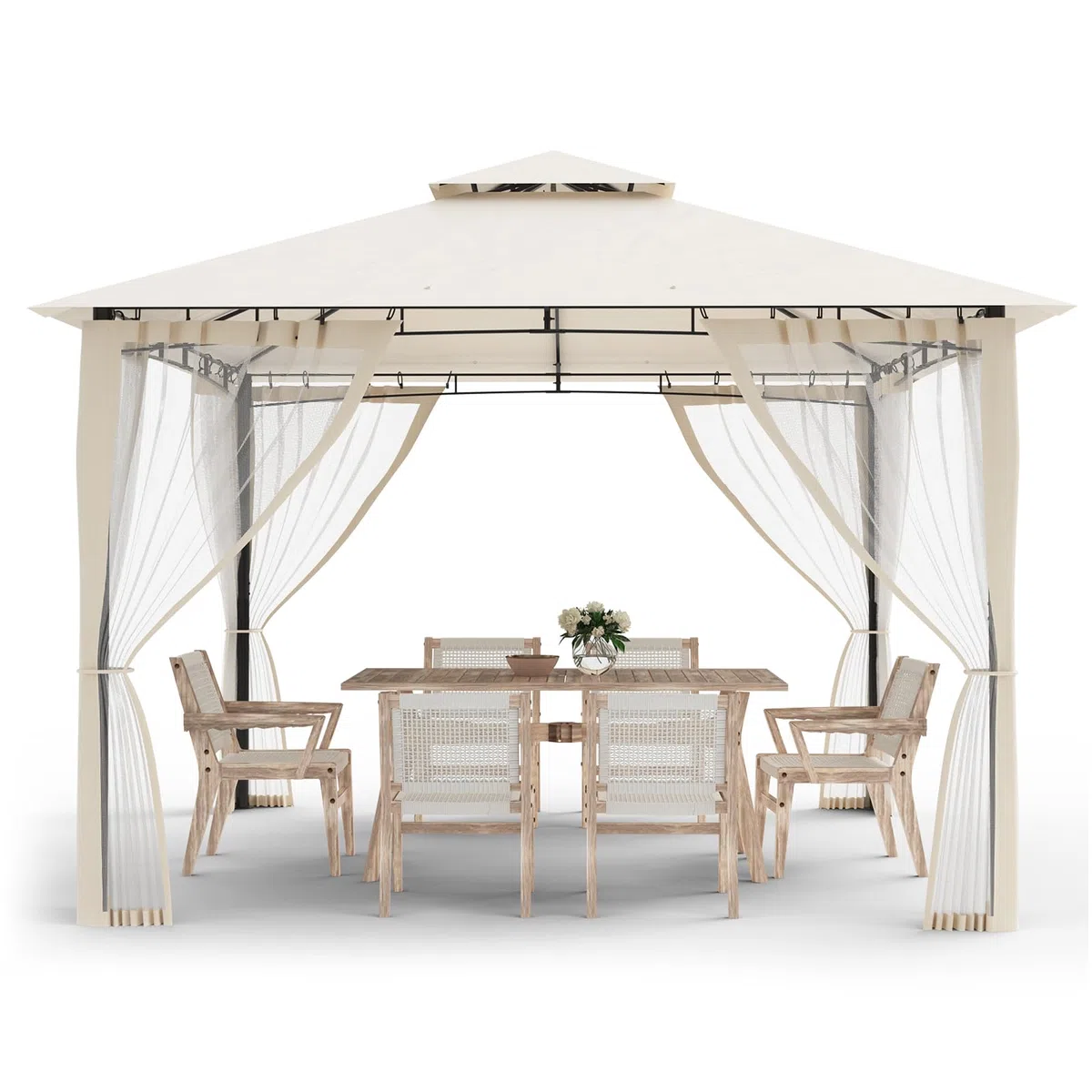 Amopatio Cenador de Jardín, 2.75x2.75m, Doble Techo Impermeable con Mosquitera Incluida - Pergola Exterior de Metal para Fiestas, cenador de Metal para Piscina,Beige