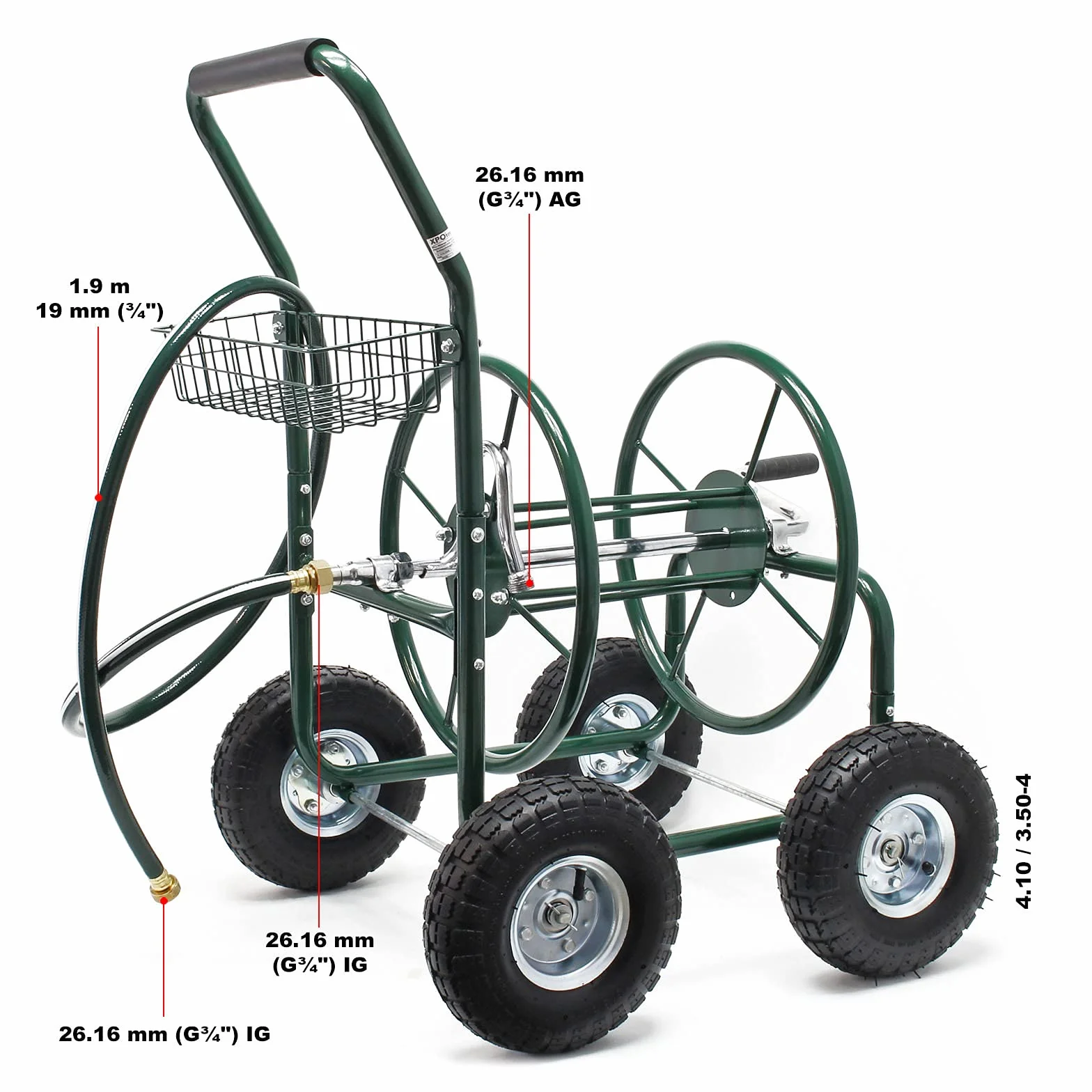 Wiltec Carro para Manguera de jardín de 16 mm (5/8") hasta 76m con neumático Ø 25 cm y conexión de 19mm (3/4") enrollador de Manguera Carrito portamangueras Carrete portamangueras