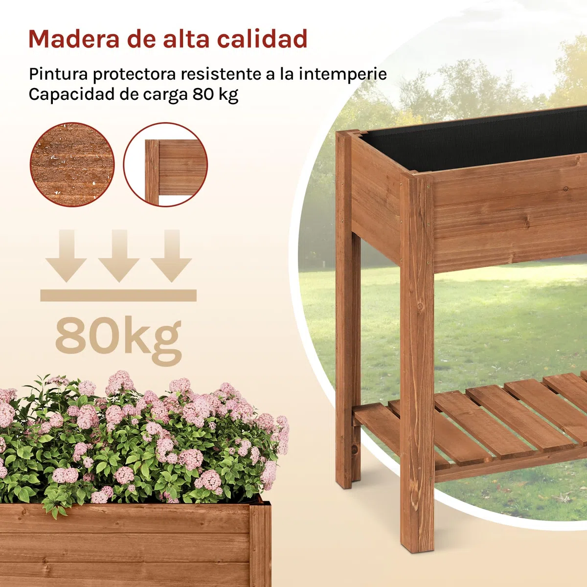 WOLTU Huerto Urbano Terraza, 80x40x75 cm, Jardinera Elevada para Exterior, Mesa de Cultivo para Jardín con Estante Inferior, Jardinera Madera para Flores y Vegetales, Marrón