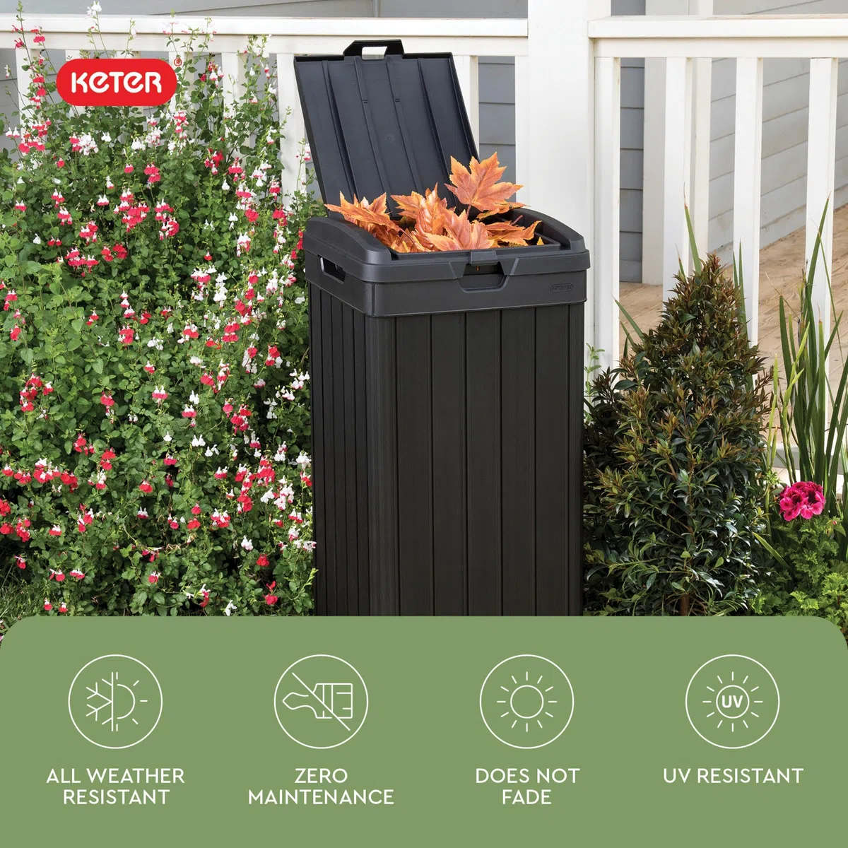 Keter Baltimore - Cubo de basura de resina de 38 galones para cocina al aire libre con tapa y bandeja de goteo para una fácil limpieza, perfecto para comedor en el patio, color negro