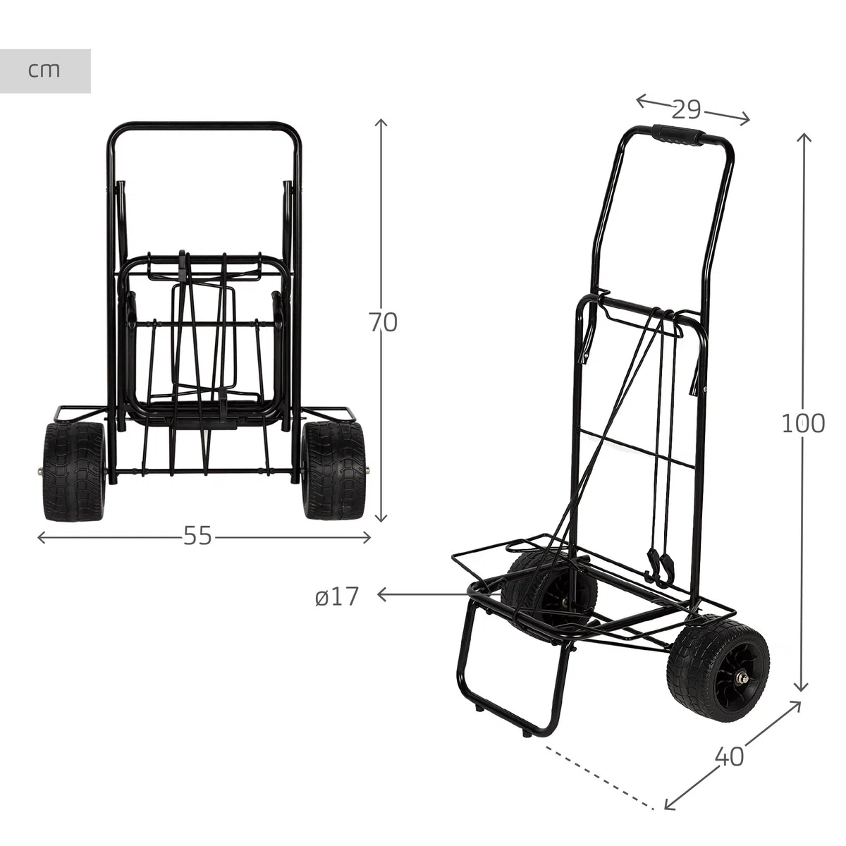 AKTIVE Carro para Playa, 49 x 40 x 100 cm, Ruedas Todoterreno Ø17, Estructura Acero, Manillar ergonómico, Cordón elástico de Agarre, Peso máximo soportado 80 kg, Carrito Transporte Plegable (62377)