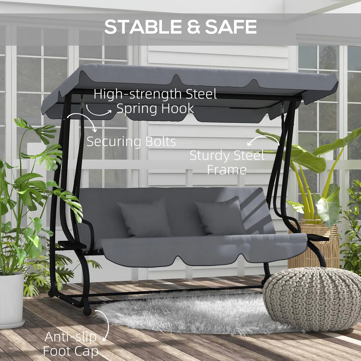 Outsunny 3 Asientos Convertible Jardín Columpio Techo Ajustable Inclinación 2 Estantes Soporte 2L x 1.2l x 1.64H m epoxi Metal Negro Poliéster Gris Oscuro