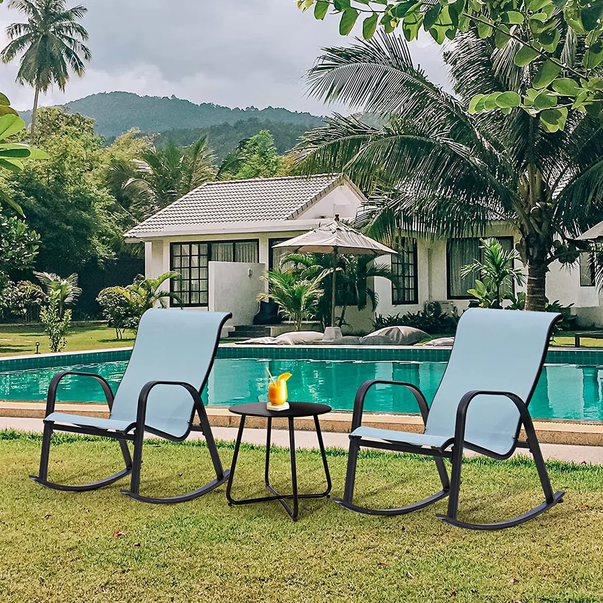 Grand patio Textilene Mecedora, Mecedor de Patio, Resistente a la Intemperie, Ligero, Sillón Relax para Interior, Exterior(Azul, 3PC)