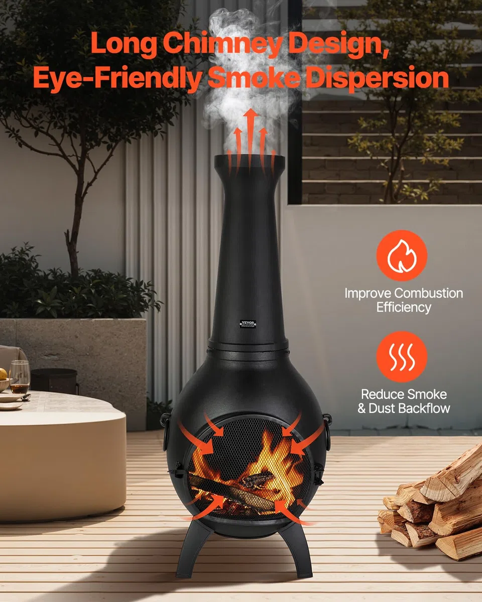 VEVOR Chimenea de Leña Exteriores 457 mm, Chimenea Esférica para Barbacoa y Calentamiento con Malla para Parrilla Revestimiento para Tapa a Prueba de Óxido para Patio, Jardín, 430 x 420 x 1120 mm