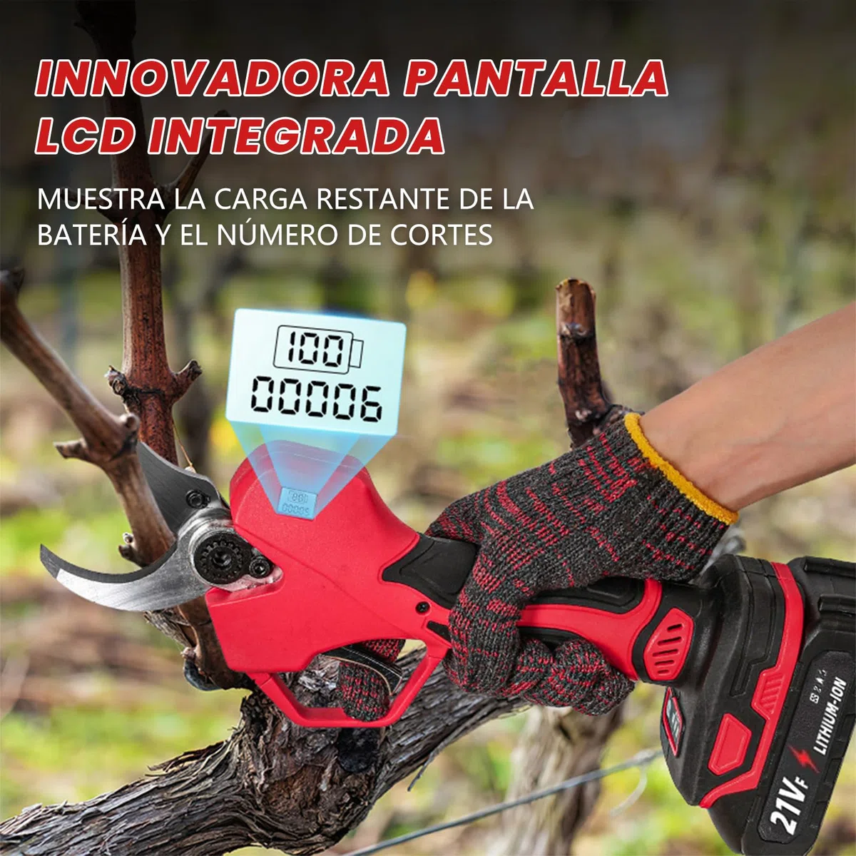 Tijeras de Podar Electricas, 50 mm Tijeras de Poda con 2 Baterías 3000 mAh, Pantalla LCD, 1000W Sin Escobillas, Tijeras podar Bateria para Poda de Árboles, Setos y Ramas