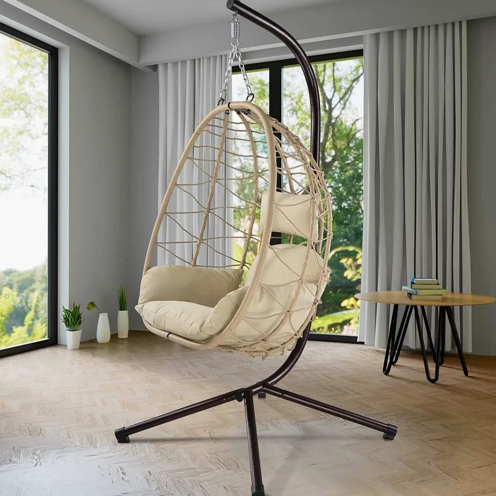 Bakaji Sillón Colgante de jardín, Silla Mecedora Hamaca para Exterior, Estructura de Metal Nido de ratán y Cuerda + cojín Asiento Acolchado y reposacabezas, diseño Moderno, 198 x 110 x 95 cm (Beige)