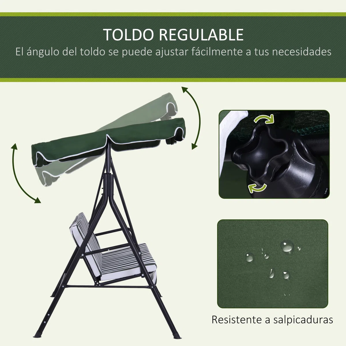 Outsunny Columpio de Jardín Exterior de 3 Plazas, Balancín de Jardín Exterior con Techo Ajustable y Marco de Acero, para Balcón, Terraza, Patio, Carga 200 kg, 172x110x153 cm, Verde