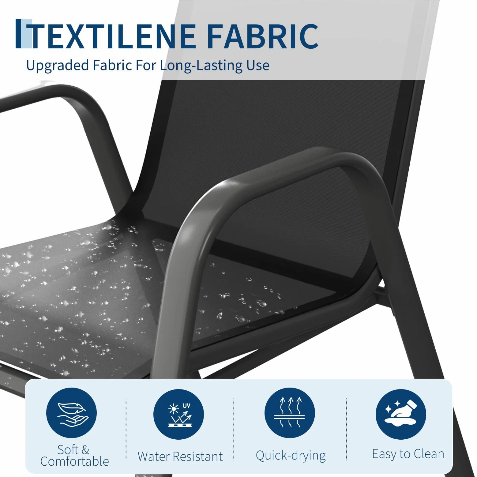 Litake Conjunto Sillas Jardin Exterior, 4 Sillas De Comedor para Exterior Metálicas, Soporte hasta 150 kg, Pintura Anticorrosiva, Tela Doble, Transpirables, Apilables, Estilo Clásico Sencillo,Negro