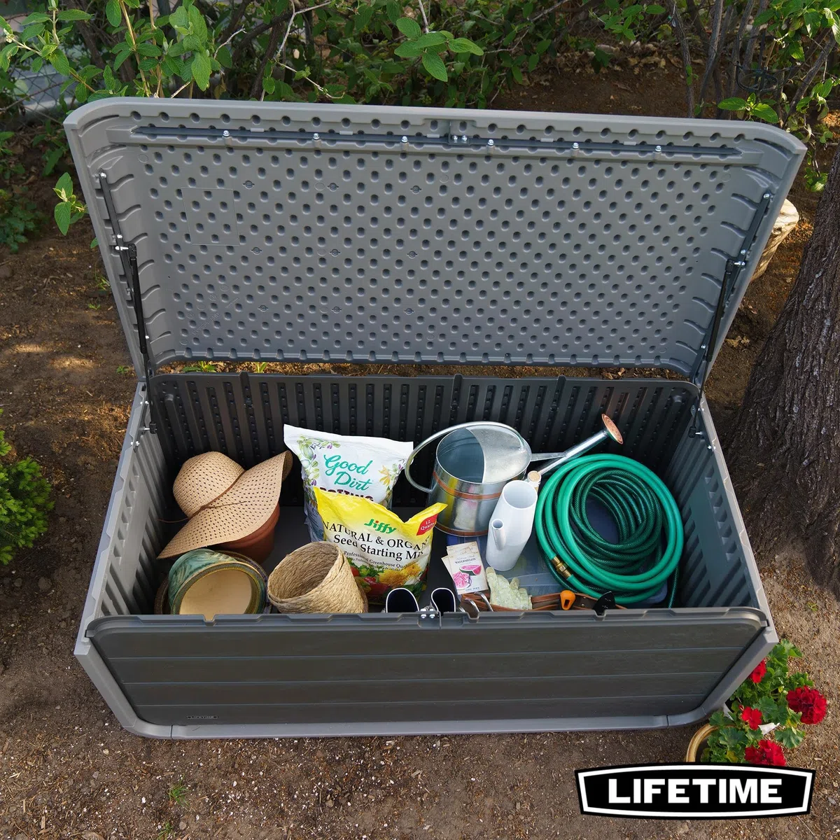 LIFETIME - Armario exterior impermeable, 147x72x64 cm, 515 litros, Arcón almacenamiento rectangular, Protección UV, Banco almacenaje, Baúl juguetes grande, Mueble terraza, Armarios de jardín (92313)