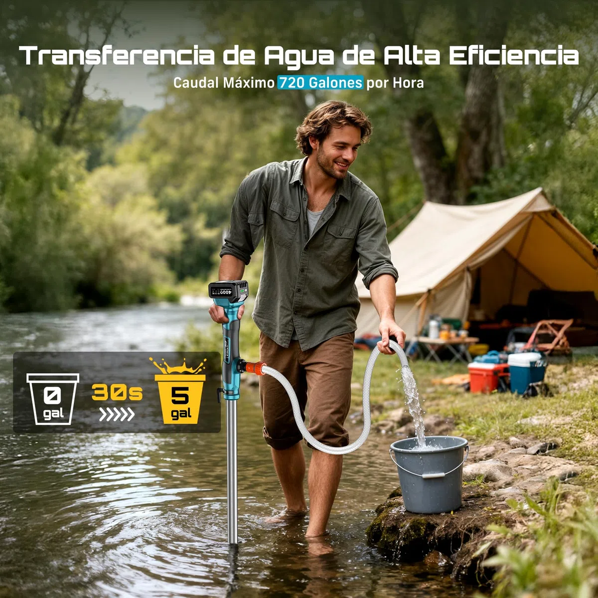 SEESII Bomba de agua inalámbrica en bastón, batería 4000 mAh 21V, 720 GPH, elevación 32 pies, salida 3/4". Ideal para drenaje de piscinas, jardines, estanques, RV y barcos. Ligera y portátil