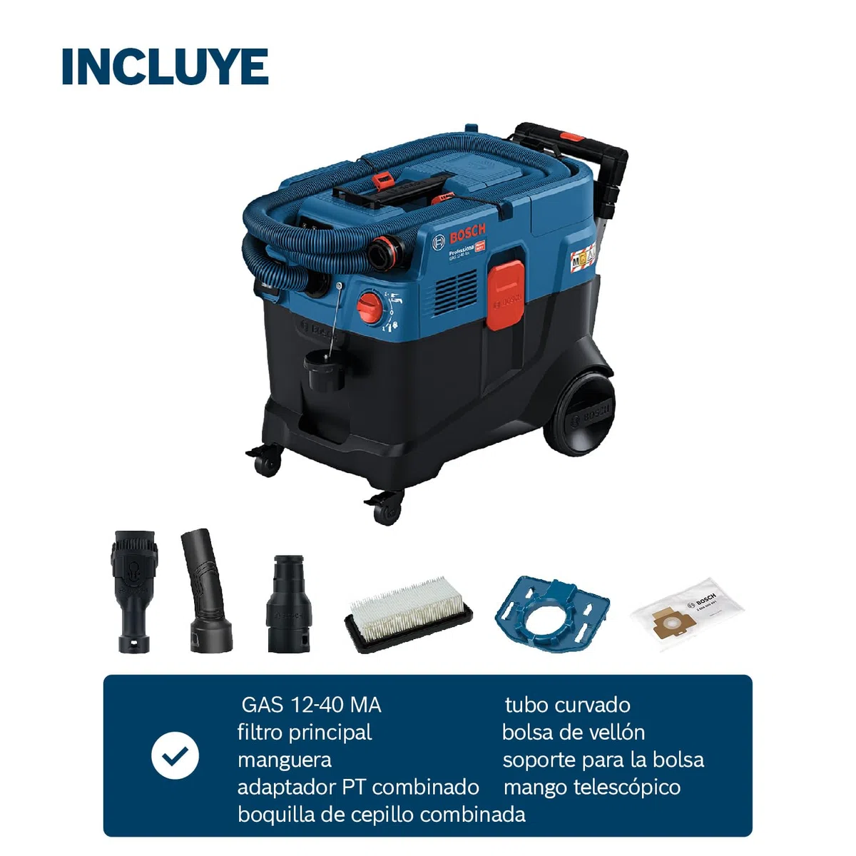 Bosch Professional aspirador universal GAS 12-40 MA (1200 W, limpieza automática del filtro (AFC), con filtro principal, manguera, adaptador PT combinado, boquilla de cepillo combinada)