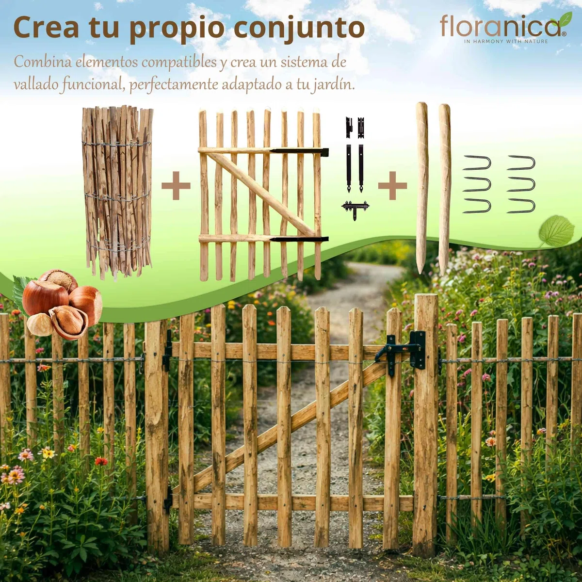 Floranica valla de avellano 1 metro lineal x 80 cm alto separación 4-6 cm cerca de estacas de jardín para delimitar áreas exteriores