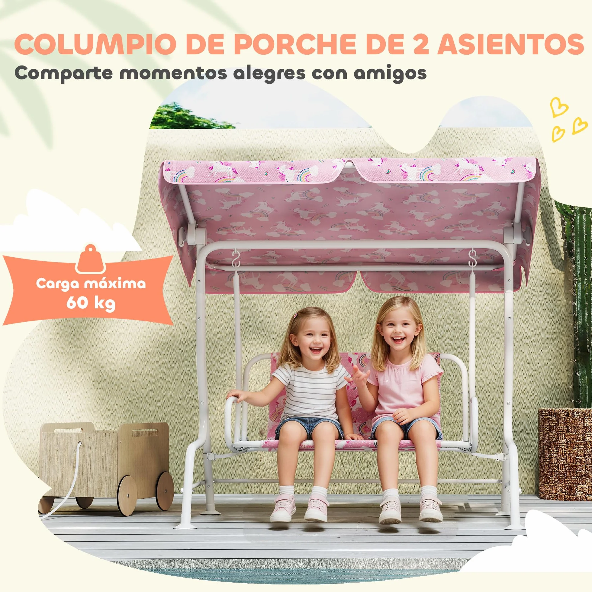 AIYAPLAY Columpio de Jardín Exterior para Niños de 2 Plazas, Balancín de Jardín, Toldo Ajustable, con Cinturones de Seguridad, Diseño de Unicornio y Arcoíris, para Interior, Patio, 112x75x120 cm, Rosa