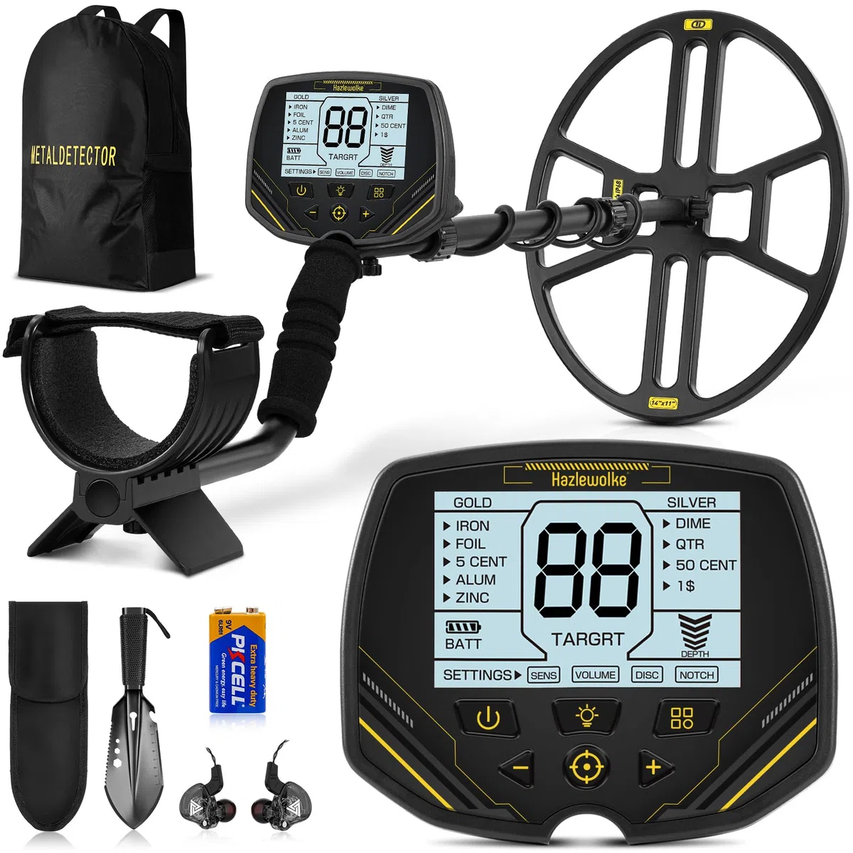Hazlewolke Detector de Metales con Bobina de Búsqueda de 14'' Grande Doble D Impermeable,4 Modos,Alta Sensibilidad y Localización,Detector de Metales Profesional con Pantalla LCD Retroiluminada - DD90